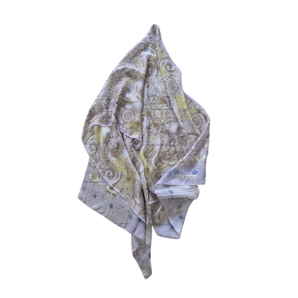 Okajima 100% Silk Scarf Wrap Lavender Elephant Paisley Floral Japanese Boho Chic